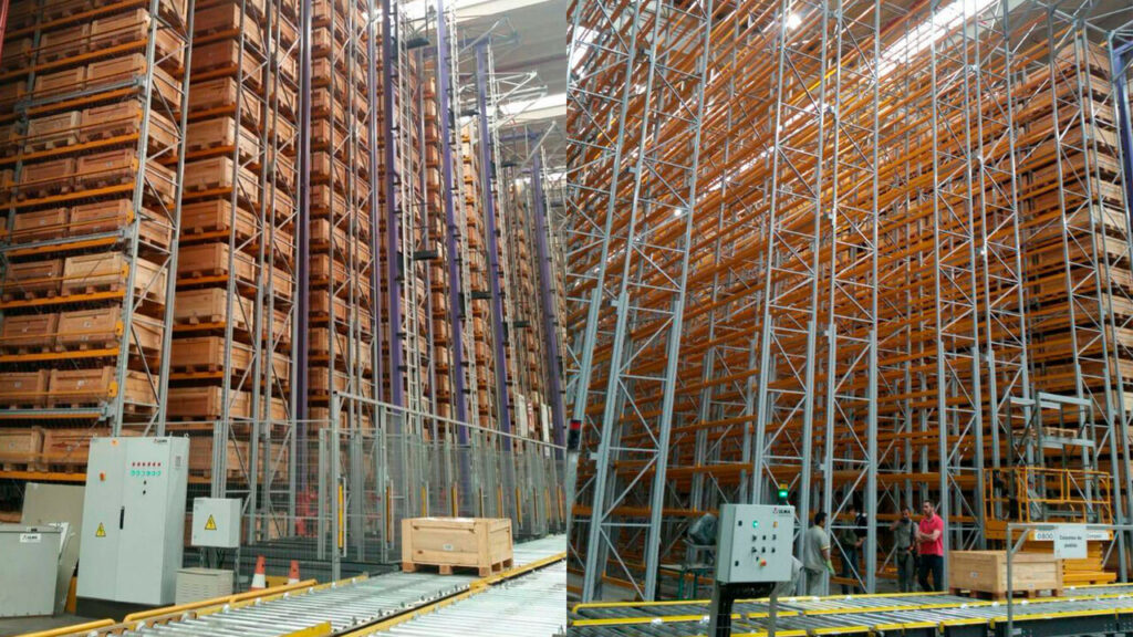 Armazém automatizado com estruturas metálicas altas e sistemas de armazenagem vertical com pallets de madeira, utilizados para otimizar o espaço de estoque em uma fábrica.
